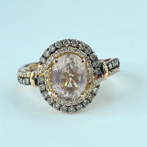 LeVian 14K Gold Morganite Chocolate Vanilla Diamond Double Halo Ring s6.5 JR469